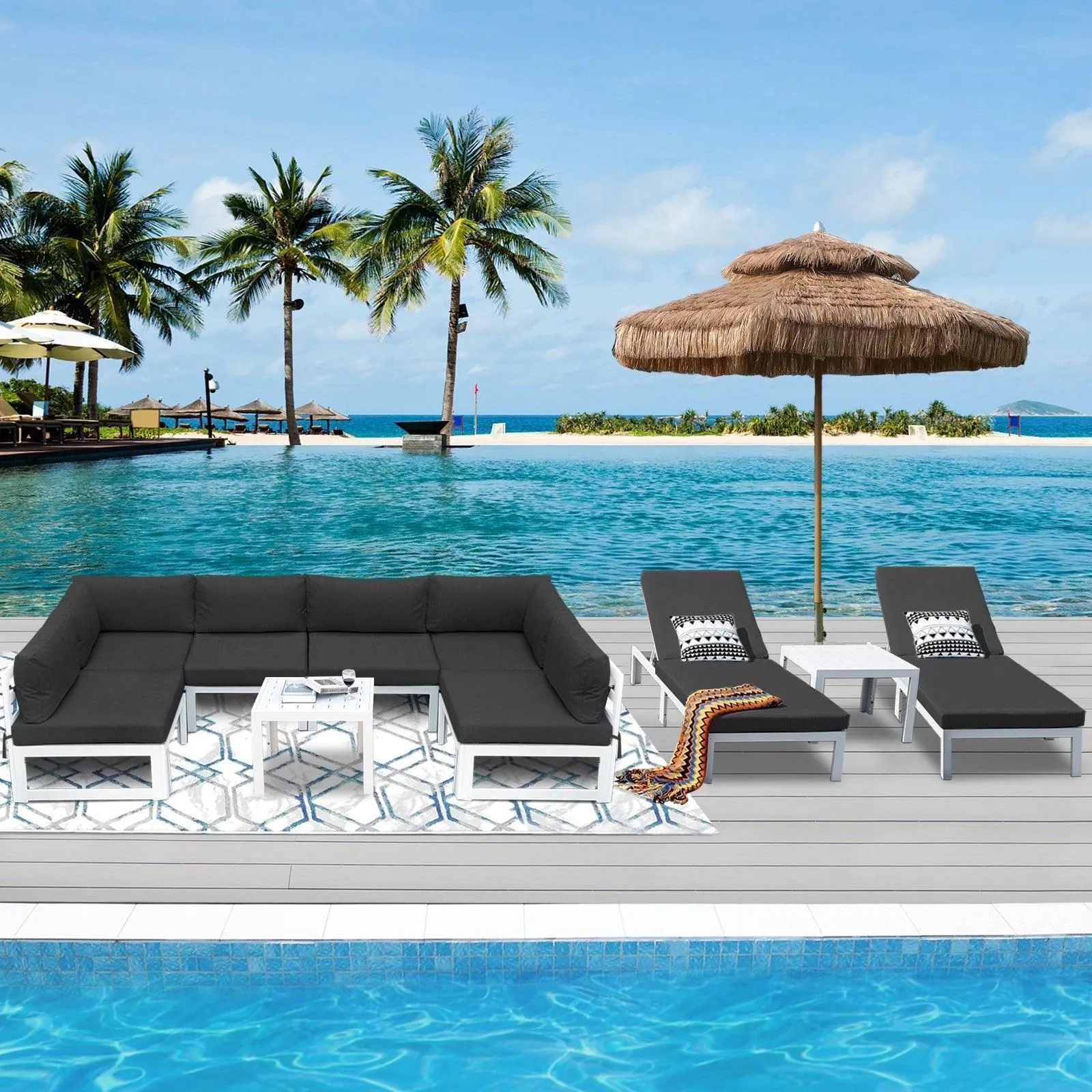 NICESOUL Aluminum Outdoor Sofa and Table 8 Seater 10-piece with Chaise Lounge