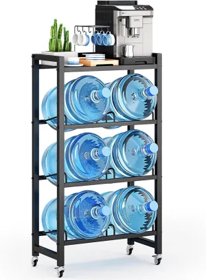 NiHome 3-Tier 5 Gallon Water Jug Holder for Home, Office, Restaurant, Warehouse, Gym, Heavy-Duty Steel Rack with Functional Top Shelf for Dispensers & Cups, Lockable Casters & Adjustable Leveling Feet