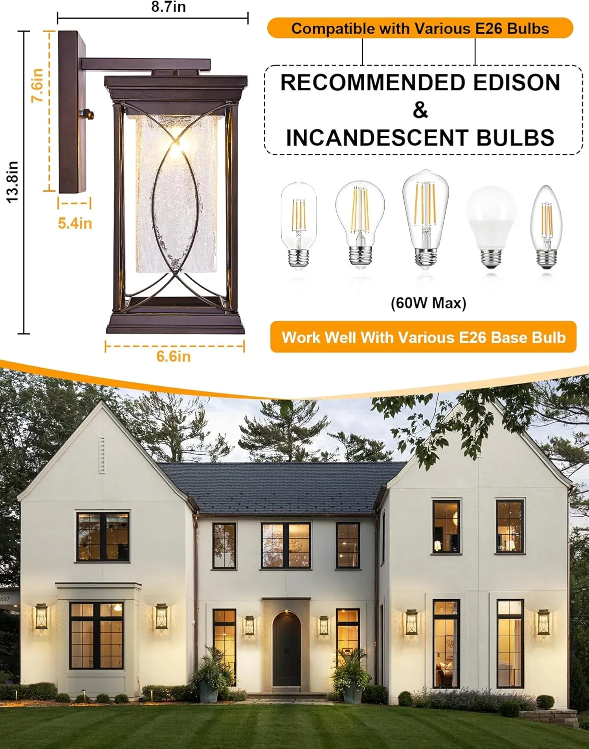 Oil Rubbed Bronze Outdoor Sconce Dusk to Dawn Exterior Light Fixtures Wall Mount Porch Light Modern Outdoor Wall Light Aluminum with Crack-Like Glass IP65 Waterproof Outside Coach Light for House