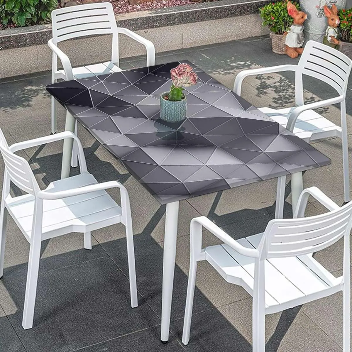 OOzie Black Grey Elastic Edge Fitted Table Cloth, Fractal Stripe of Triangles Geometry Indoor or Outdoor Fitted Table Covers for Banquet Tables Abstract Modern Fits up 5 Foot Tables