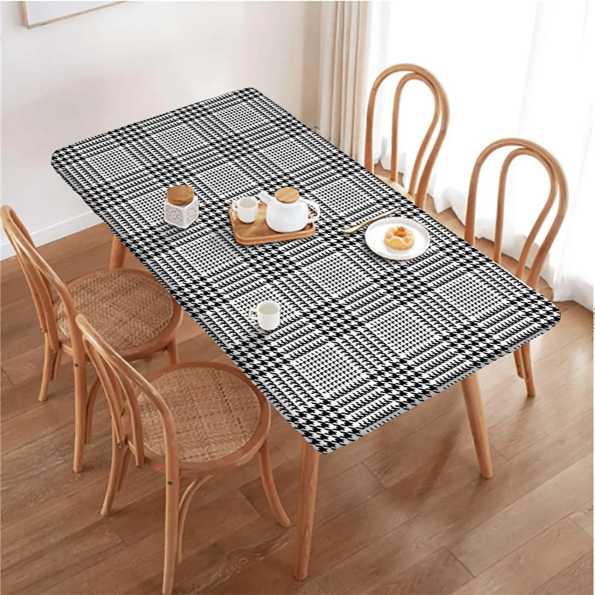 OOzie Black White Elastic Tablecloth Classic Retro Tile Monochrome Waterproof Elastic Fitted Table Covers,Camping, Indoor, Outdoor Grid Mesh Pattern Fits up 4 Foot Tables