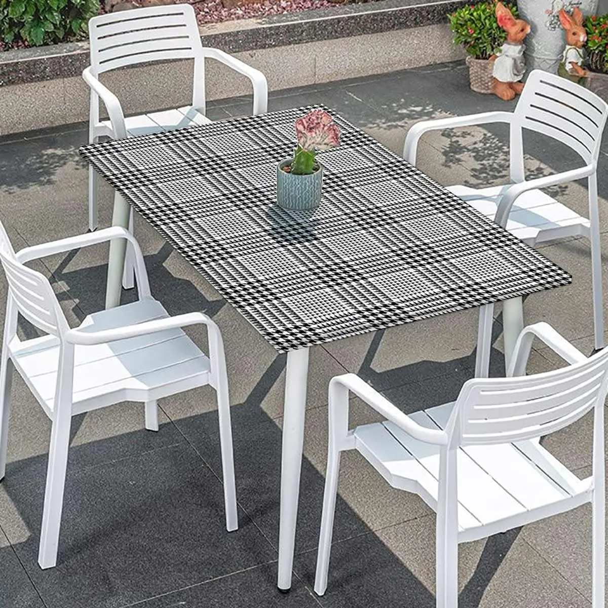 OOzie Black White Elastic Tablecloth Classic Retro Tile Monochrome Waterproof Elastic Fitted Table Covers,Camping, Indoor, Outdoor Grid Mesh Pattern Fits up 4 Foot Tables