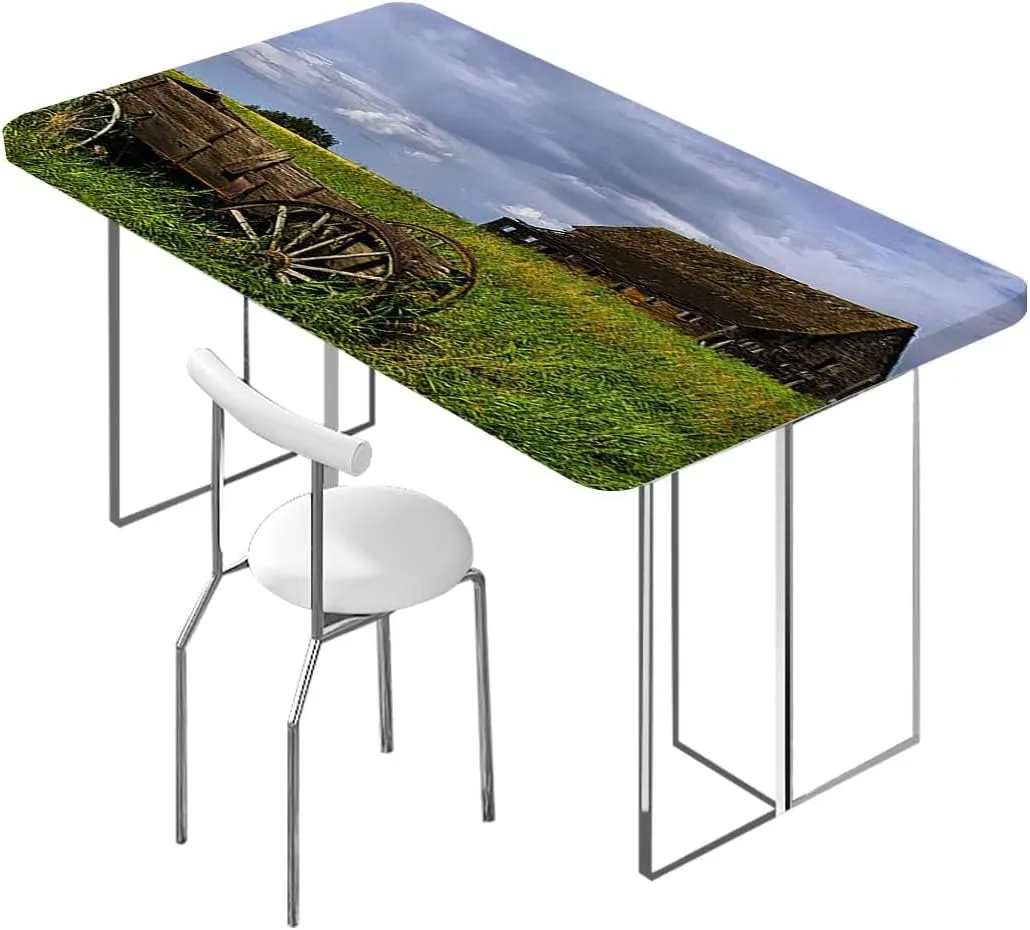 OOzie Green Brown Grey Elastic Edge Fitted Tablecloth, Old Prairie Field Ranch Waterproof Elastic Fitted Table Covers,Camping, Indoor, Outdoor Barn Wood Wagon Fits up 5 Foot Tables