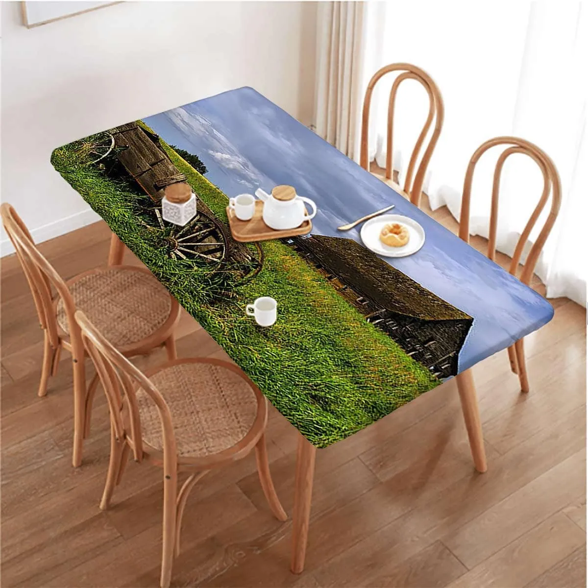 OOzie Green Brown Grey Elastic Edge Fitted Tablecloth, Old Prairie Field Ranch Waterproof Elastic Fitted Table Covers,Camping, Indoor, Outdoor Barn Wood Wagon Fits up 5 Foot Tables