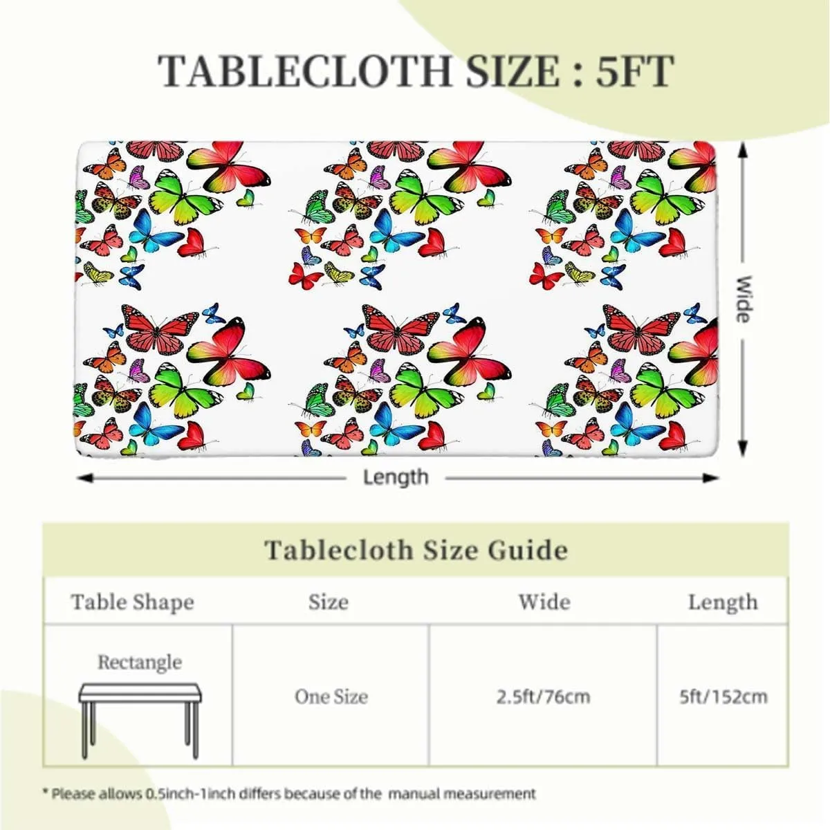 OOzie Multicolor Rectangular Table Covers, Many Different Butterflies Girls Design Table Cloth for Indoor Outdoor Picnic Parties Modern Fits up 5 Foot Tables