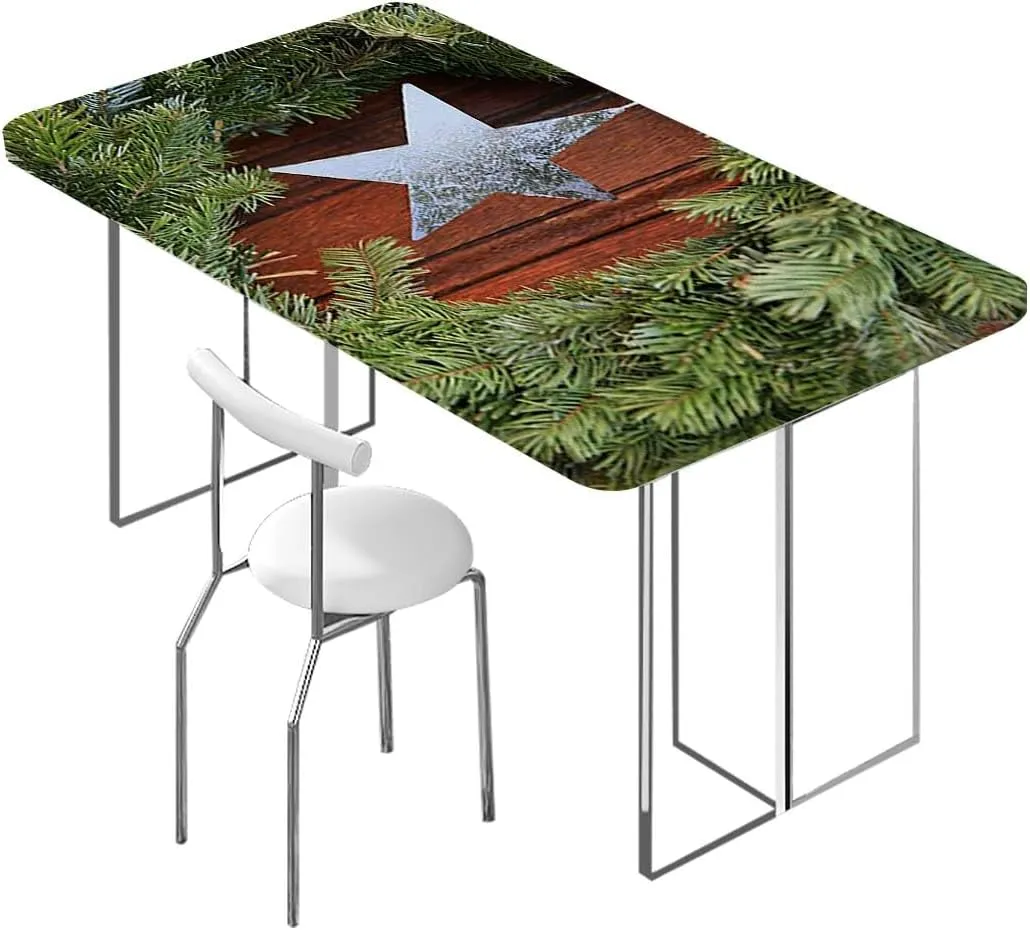 Orange Green Brown Elastic Edge Fitted Table Cloth, Orange Star on Rough Wood Fences Rectangle Table Cover for Outdoor Picnic Camping Parties Country Fits up 4 Foot Tables