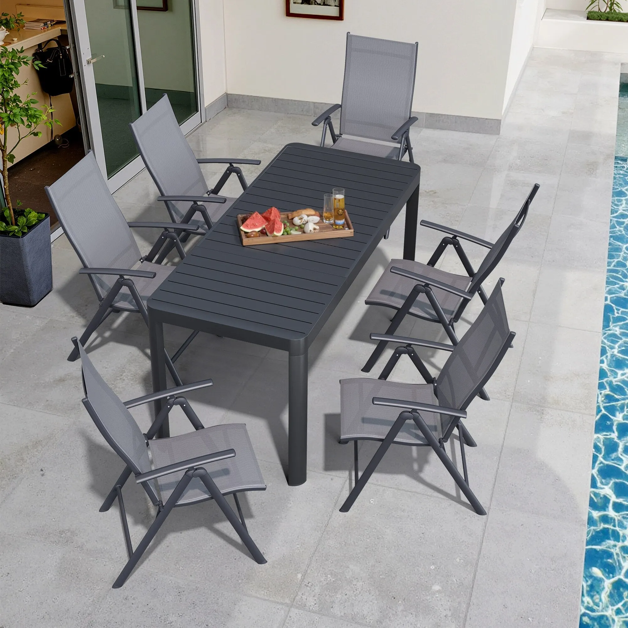 Outdoor Dining Table Aluminum Extendable Table with Durable Adjustable Reclining Folding Chair - N/A