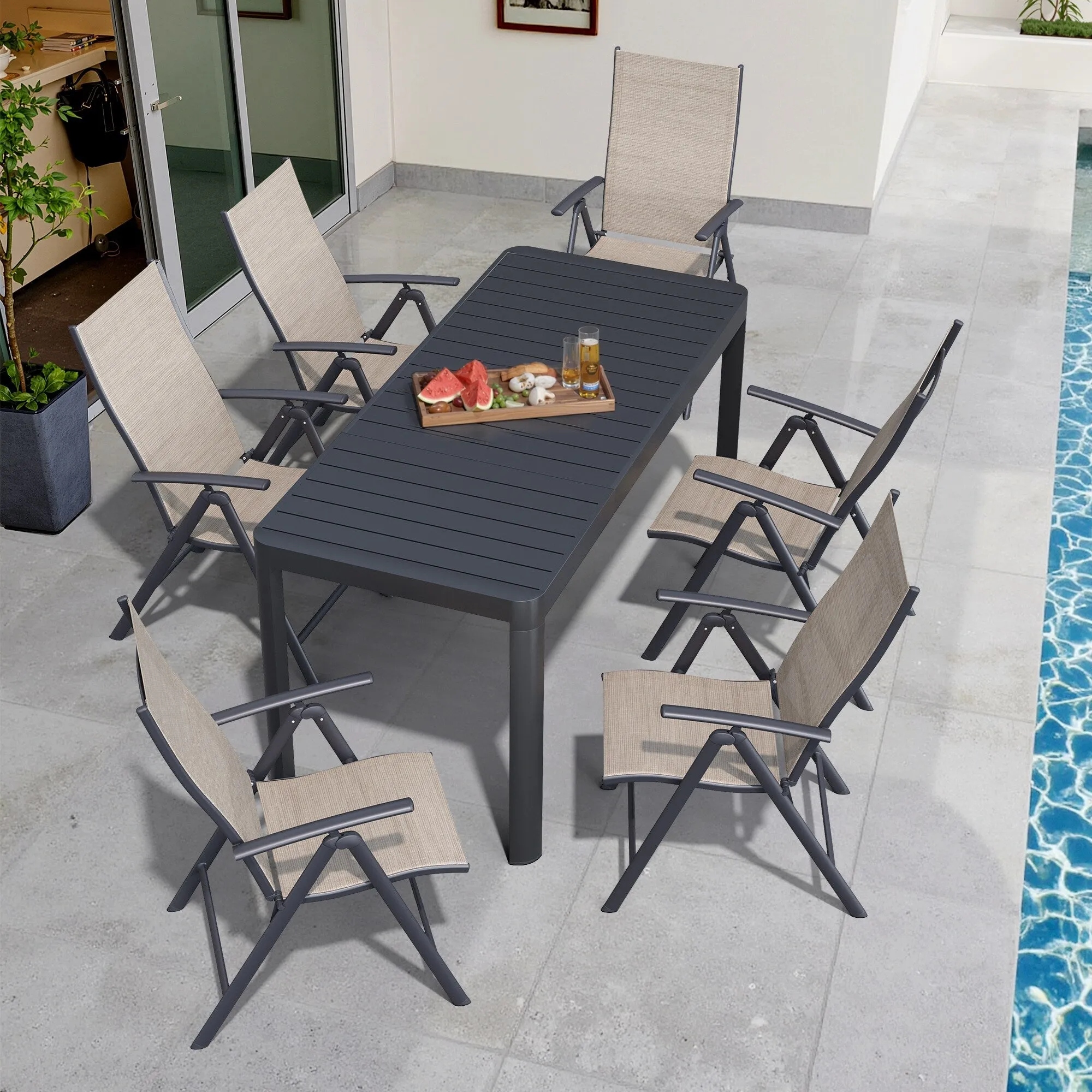 Outdoor Dining Table Aluminum Extendable Table with Durable Adjustable Reclining Folding Chair - N/A