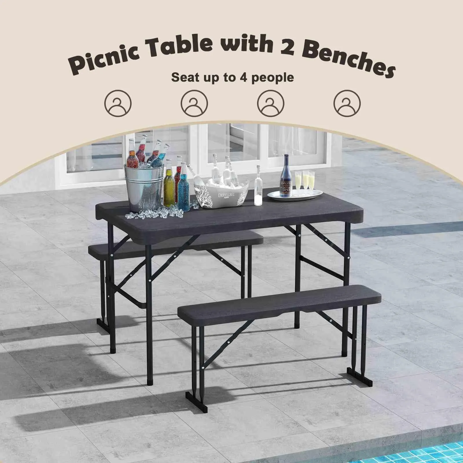 Outdoor Table Bench Set, Folding Picnic Table Set w/ 2 Benches, All-Weather HDPE Tabletop