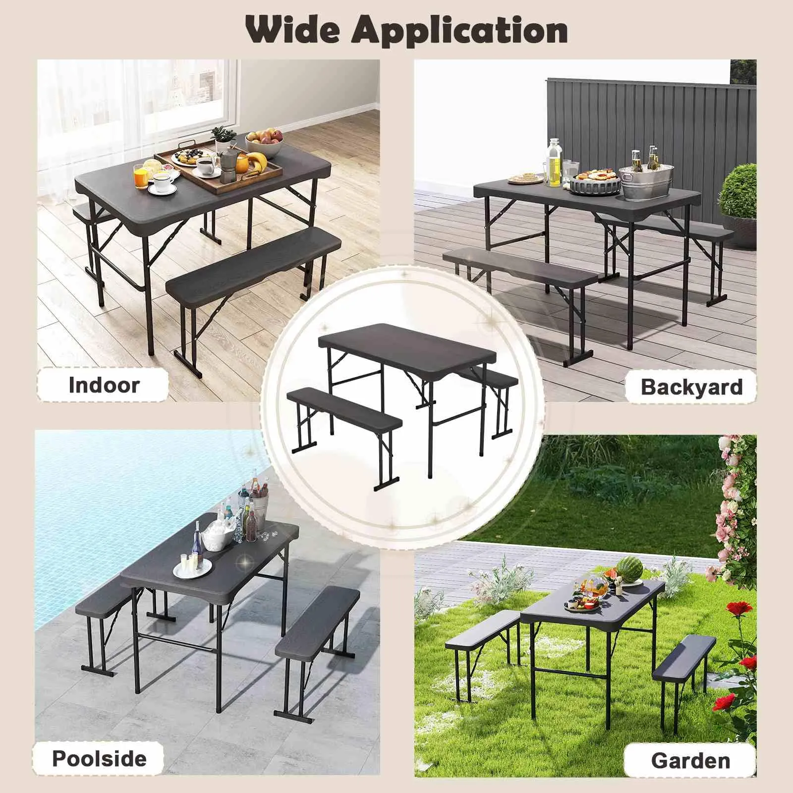 Outdoor Table Bench Set, Folding Picnic Table Set w/ 2 Benches, All-Weather HDPE Tabletop