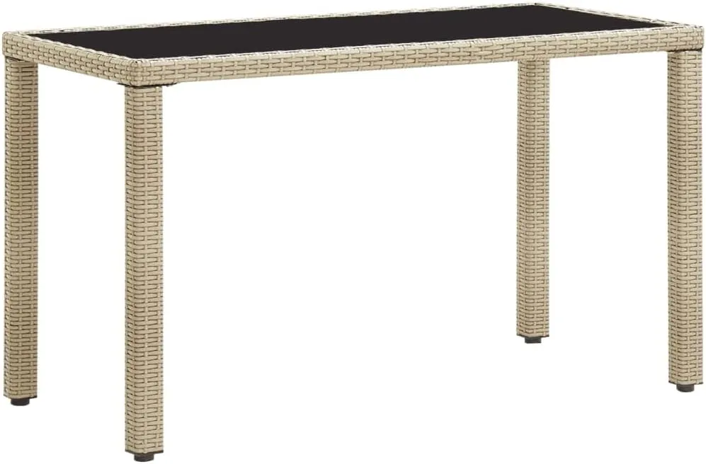 Outdoor Table for Dining, Camping, & Picnic, Beige Rattan & Steel with Tempered Glass, 60x123x74cm - Outdoor Furniture, Table, and Tables