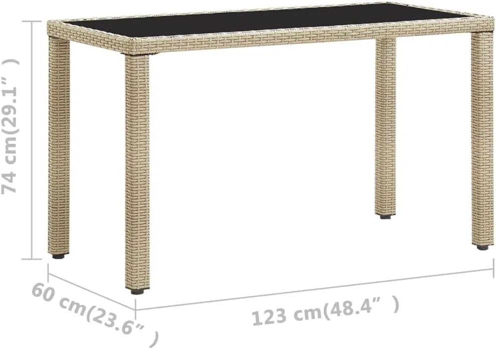 Outdoor Table for Dining, Camping, & Picnic, Beige Rattan & Steel with Tempered Glass, 60x123x74cm - Outdoor Furniture, Table, and Tables