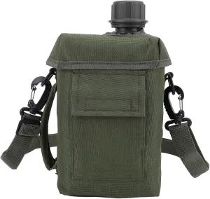 Outdoor Water Bottle - 2L Portable Water Canteen with Waist Bag, Multi Fuctional PVC Flat Camping Water Bottle for Military Surplus or Bushcraft Gear (OD Green)