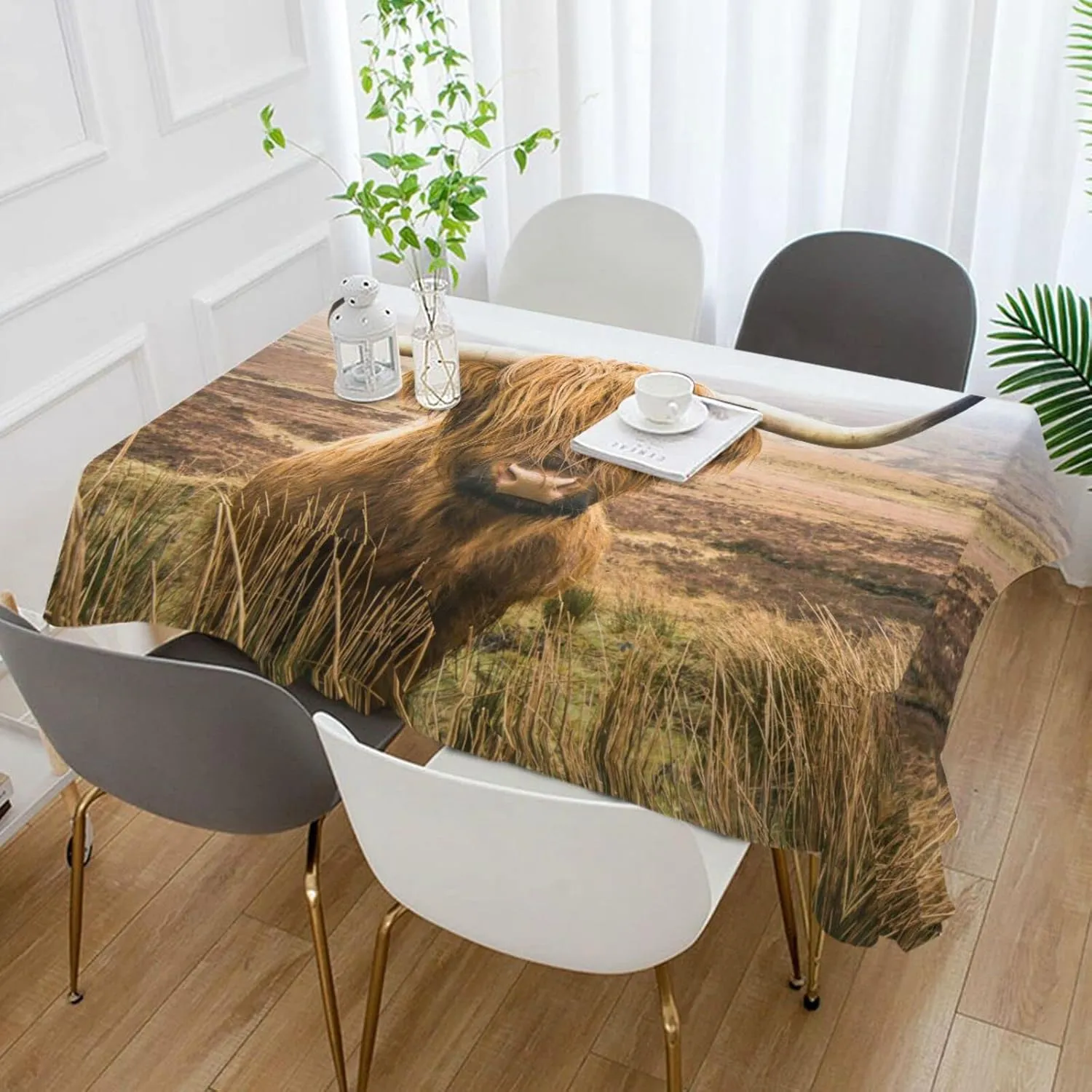 Oyihfvs Brown Scottish Highland Cow in Field Rectangle Wrinkle Tablecloth, Stain Proof Table Cloth Cover for Indoor Dining Outdoor Party Picnic Decor 60 x 108 in