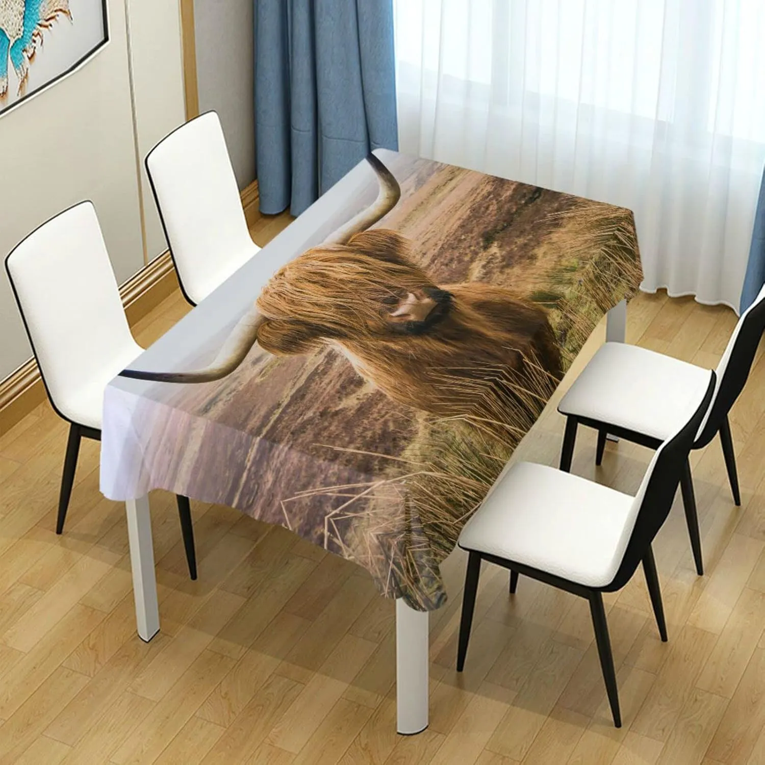 Oyihfvs Brown Scottish Highland Cow in Field Rectangle Wrinkle Tablecloth, Stain Proof Table Cloth Cover for Indoor Dining Outdoor Party Picnic Decor 60 x 108 in