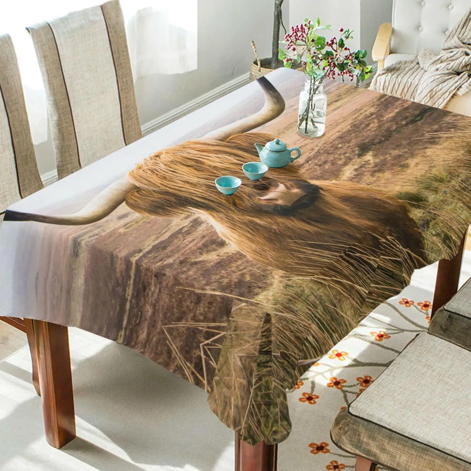 Oyihfvs Brown Scottish Highland Cow in Field Rectangle Wrinkle Tablecloth, Stain Proof Table Cloth Cover for Indoor Dining Outdoor Party Picnic Decor 60 x 108 in