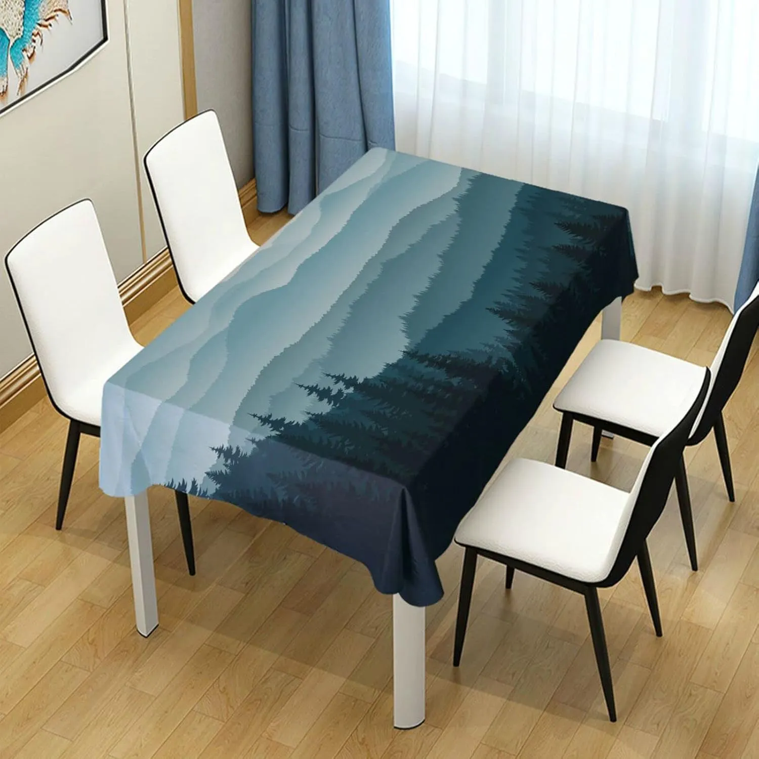 Oyihfvs Morning in The Seamless Mountains with Trees Dark Blue Pattern Rectangle Wrinkle Tablecloth, Stain Proof Table Cloth Cover for Indoor Dining Outdoor Party Picnic Decor 60 x 108 in