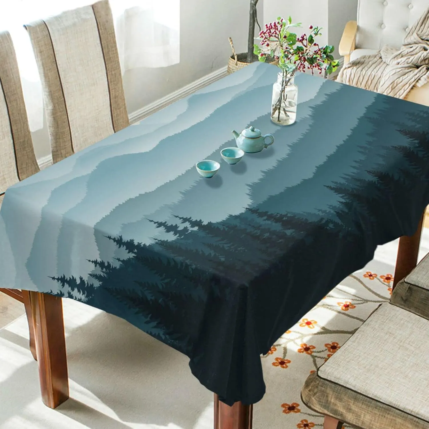 Oyihfvs Morning in The Seamless Mountains with Trees Dark Blue Pattern Rectangle Wrinkle Tablecloth, Stain Proof Table Cloth Cover for Indoor Dining Outdoor Party Picnic Decor 60 x 108 in