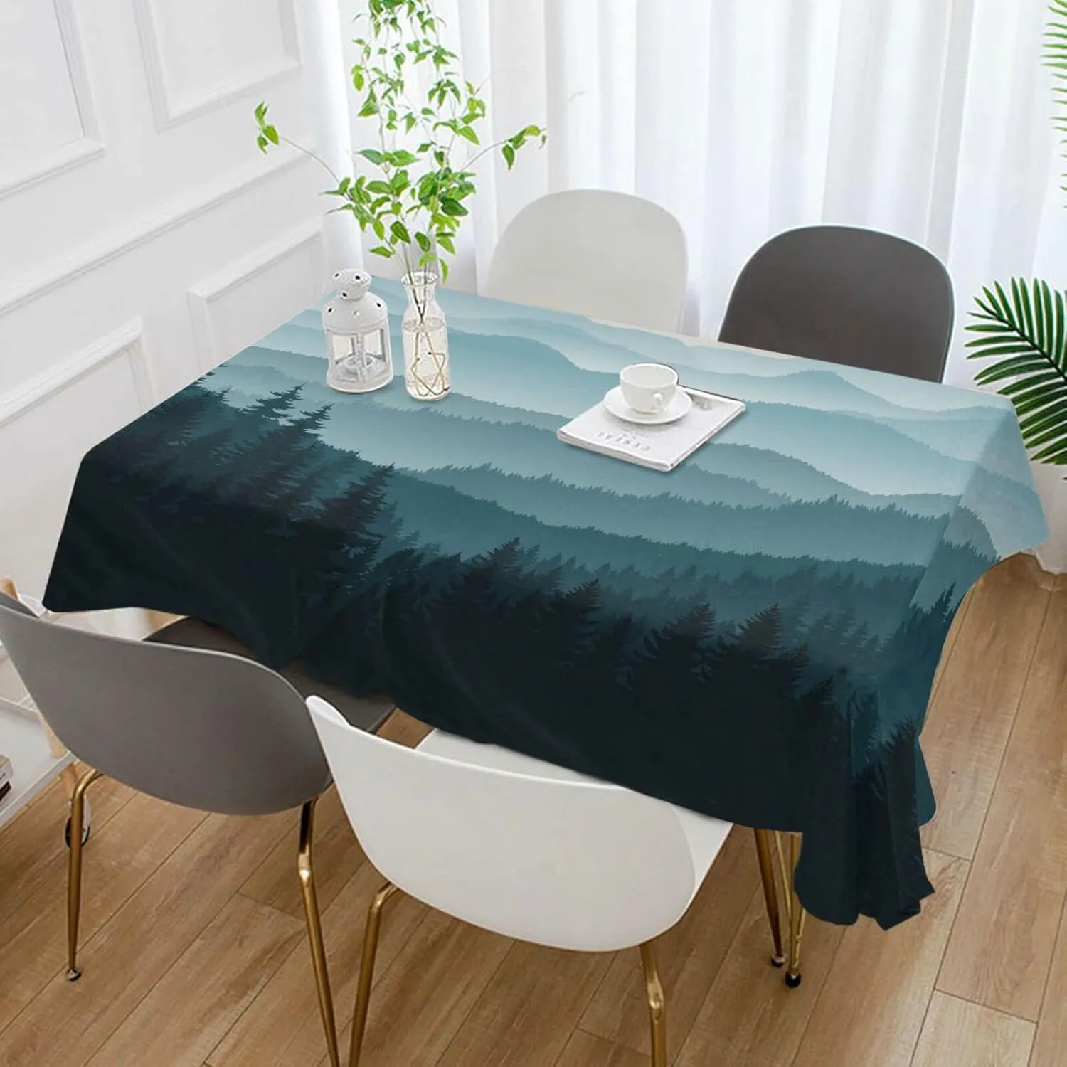 Oyihfvs Morning in The Seamless Mountains with Trees Dark Blue Pattern Rectangle Wrinkle Tablecloth, Stain Proof Table Cloth Cover for Indoor Dining Outdoor Party Picnic Decor 60 x 108 in