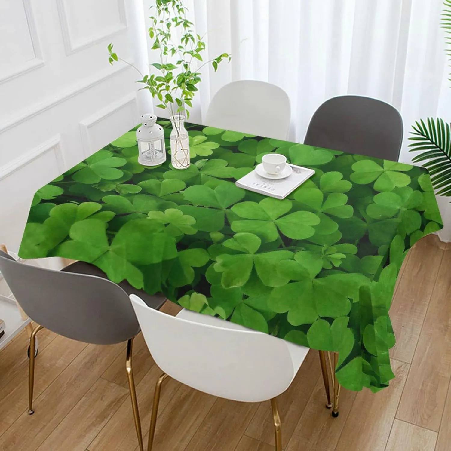 Oyihfvs St Patrick's Day Green Seamless Shamrock Clover Lucky Four Leaves Rectangle Wrinkle Tablecloth, Stain Proof Table Cloth Cover for Indoor Dining Outdoor Party Picnic Decor 60 x 108 in