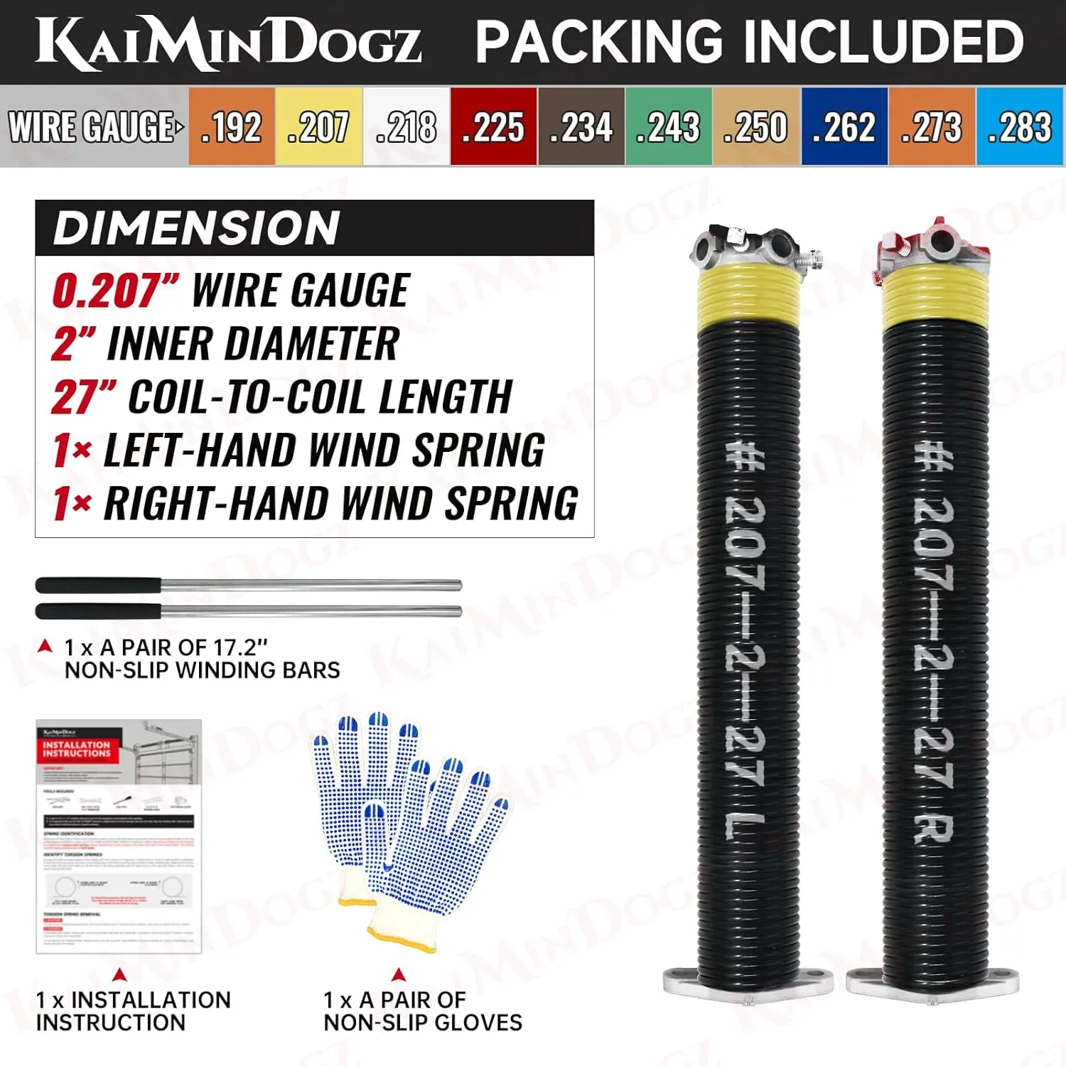 Pair of 2" Garage Door Torsion Springs Set with Non-Slip Winding Bar & Gloves,High Precision Electrophoresis Black Coated, for Replacement & Installation, MIN 16,000 Cycles (0.207x2''x27'')