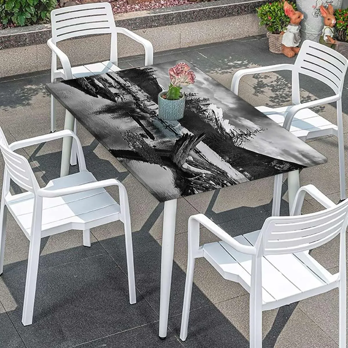 Pale Grey Fitted Table Cover for Square Tables in The Lake of The Mountain Forest Waterproof Wipeable Table Covers for Indoor, Outdoor Branch Tree Fits up 4 Foot Tables