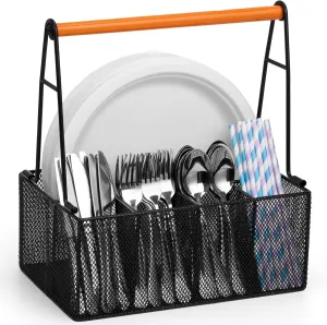 Paper Plate Organizer with Handle, Silverware Caddy Countertop, Paper Plate and Utensil Holder, Cutlery Caddy for Party, Camping, Picnic (Black)