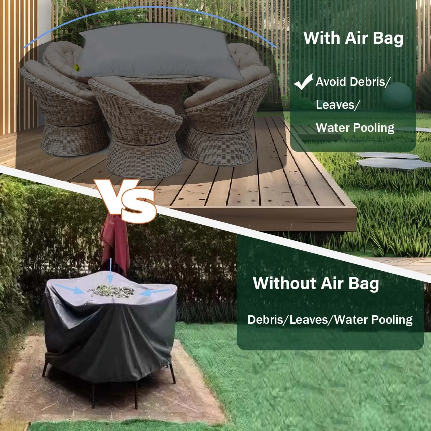 Patio Furniture Cover Air Bag, Rectangle Patio Table Cover Airbag Inflatable Air Pillow Woven Bag Anti-Collision Outdoor Furniture Cover Support Prevents Leaves Water and Snow Pooling (White, 87x39in)