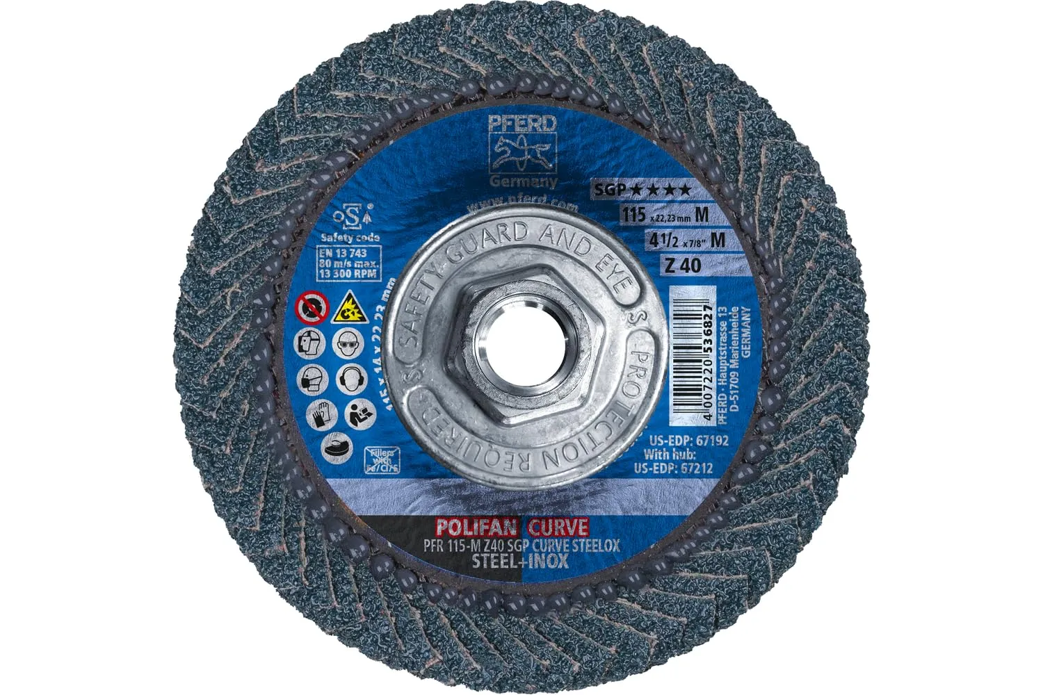 PFERD POLIFAN®-Curve Radial Type Flap Disc - 4-1/2" x 5/8-11" Thread, 40 Grit Zirconia, Welding Accessory and Angle Grinder Attachment - For Steel and Stainless Steel (INOX) Grinding - Pack of 1 - Part 67212