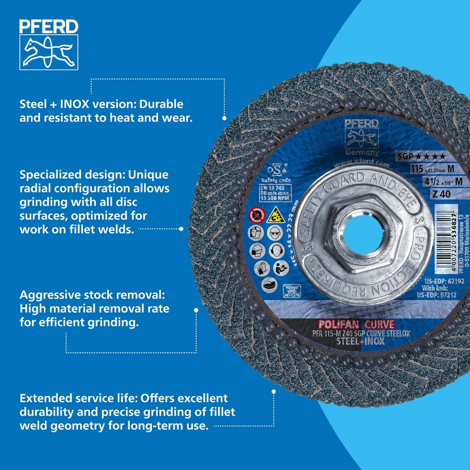 PFERD POLIFAN®-Curve Radial Type Flap Disc - 4-1/2" x 5/8-11" Thread, 40 Grit Zirconia, Welding Accessory and Angle Grinder Attachment - For Steel and Stainless Steel (INOX) Grinding - Pack of 1 - Part 67212