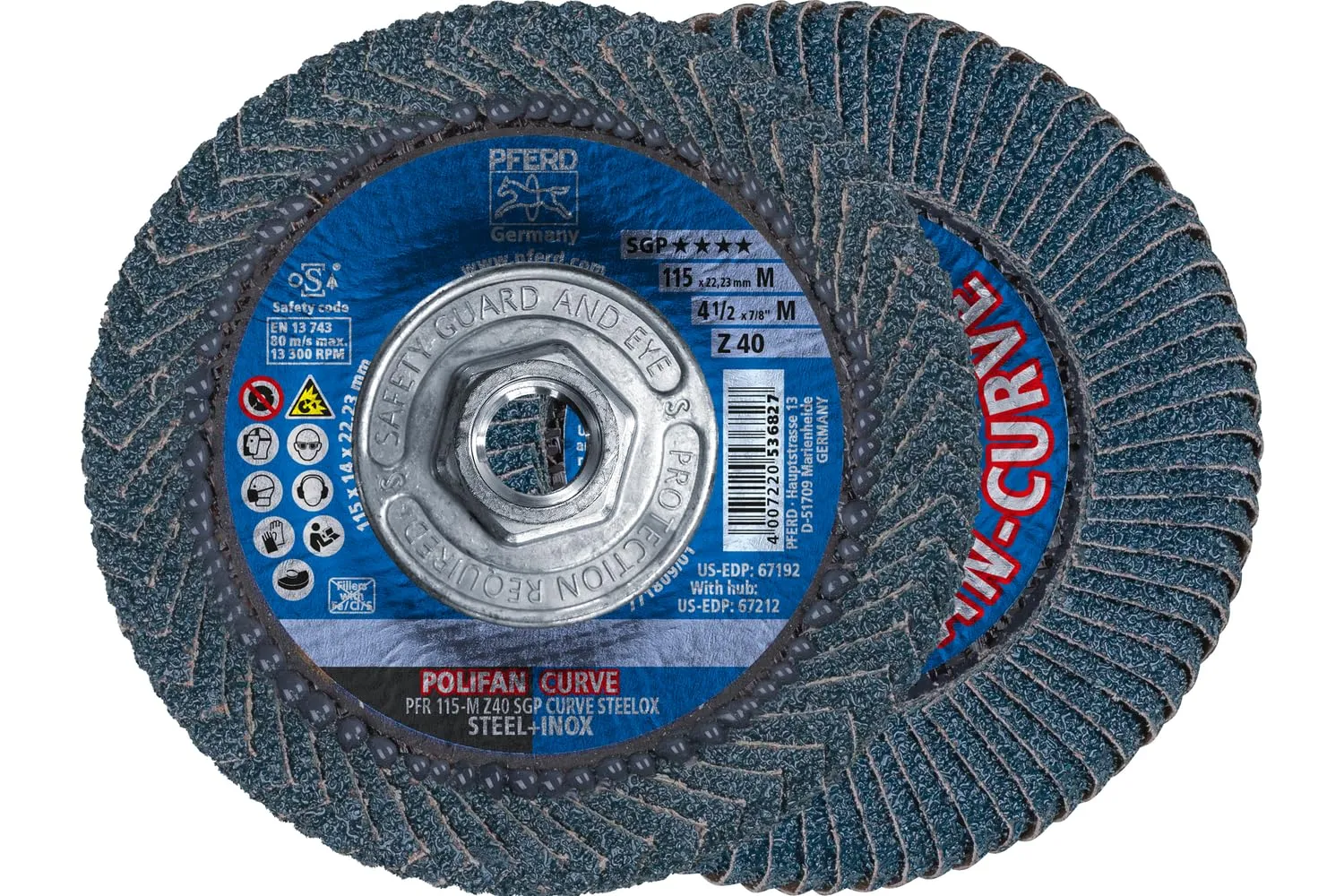 PFERD POLIFAN®-Curve Radial Type Flap Disc - 4-1/2" x 5/8-11" Thread, 40 Grit Zirconia, Welding Accessory and Angle Grinder Attachment - For Steel and Stainless Steel (INOX) Grinding - Pack of 1 - Part 67212