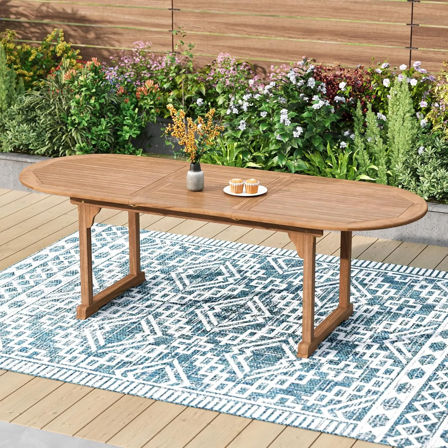 PHI VILLA Outdoor Acacia Wood Expandable Table for 6-8, Extendable Wooden Dining Table with Slat Design, Large Rectangular Farmhouse Dining Furniture for Patio, Deck, Porch, Backyard