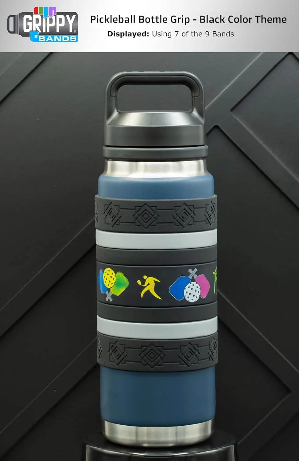 Pickleball Water Bottle Grip Kit - BLACK: Large - 9 Bands for Superior Grip, Style, & Protection.