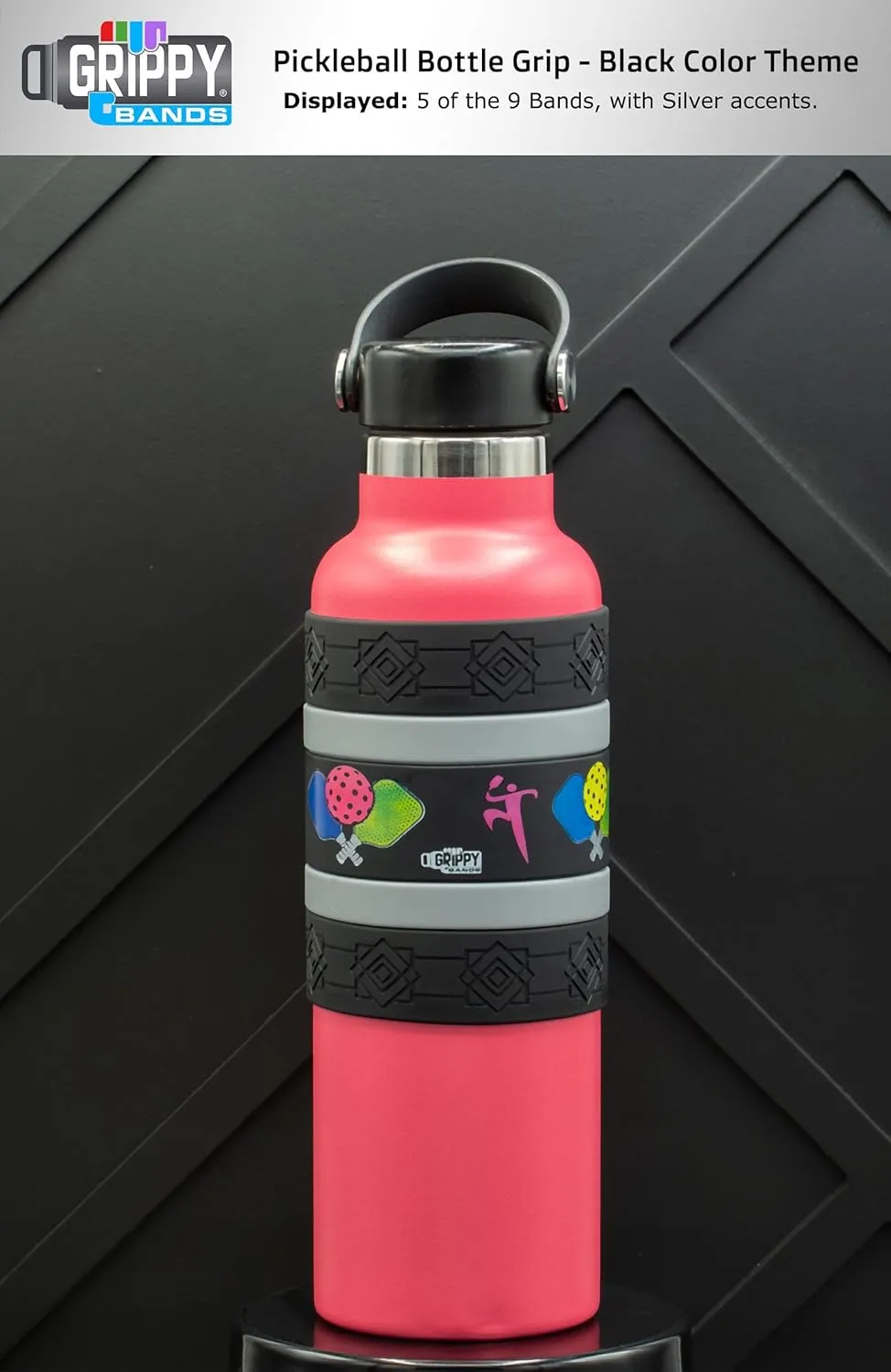 Pickleball Water Bottle Grip Kit - BLACK: Large - 9 Bands for Superior Grip, Style, & Protection.