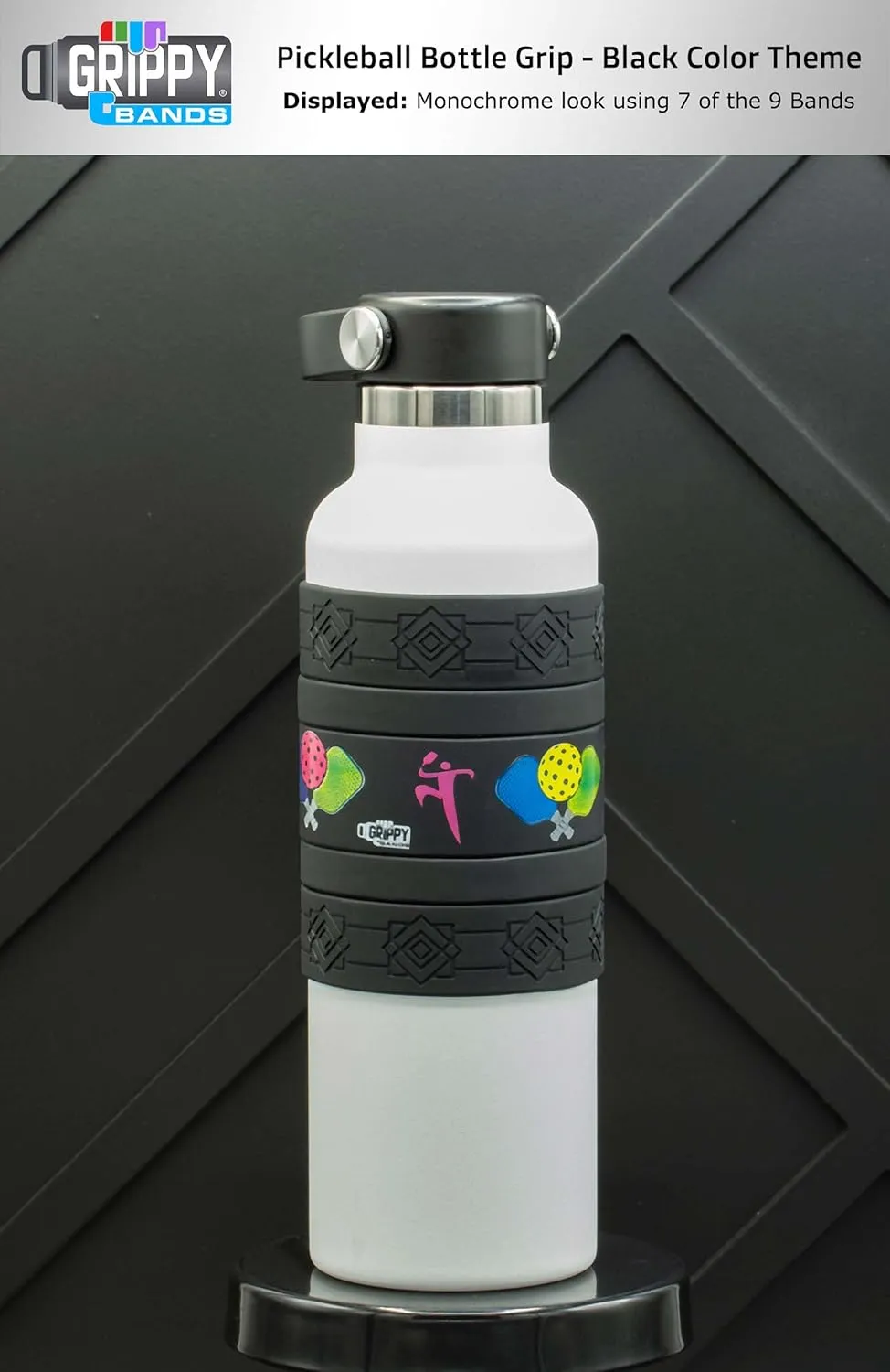 Pickleball Water Bottle Grip Kit - BLACK: Large - 9 Bands for Superior Grip, Style, & Protection.