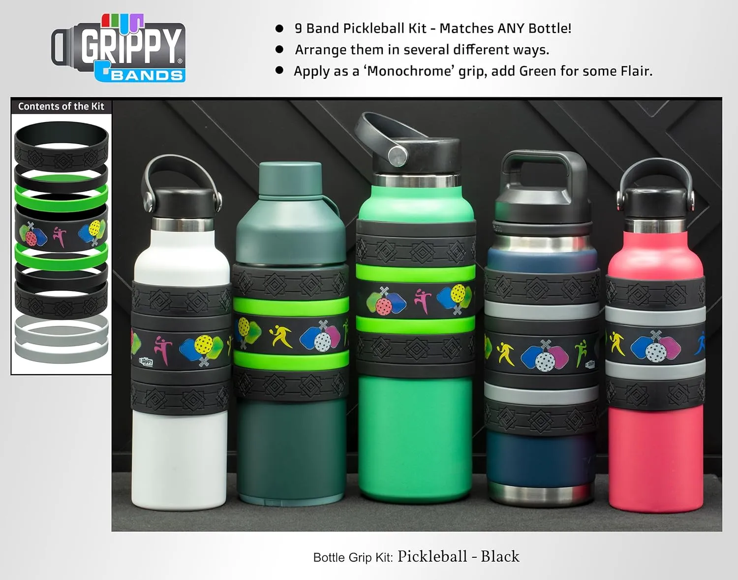Pickleball Water Bottle Grip Kit - BLACK: Large - 9 Bands for Superior Grip, Style, & Protection.