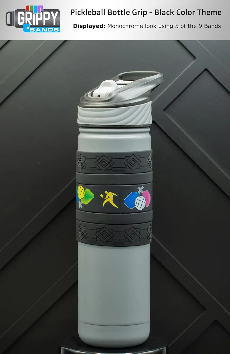 Pickleball Water Bottle Grip Kit - BLACK: Large - 9 Bands for Superior Grip, Style, & Protection.