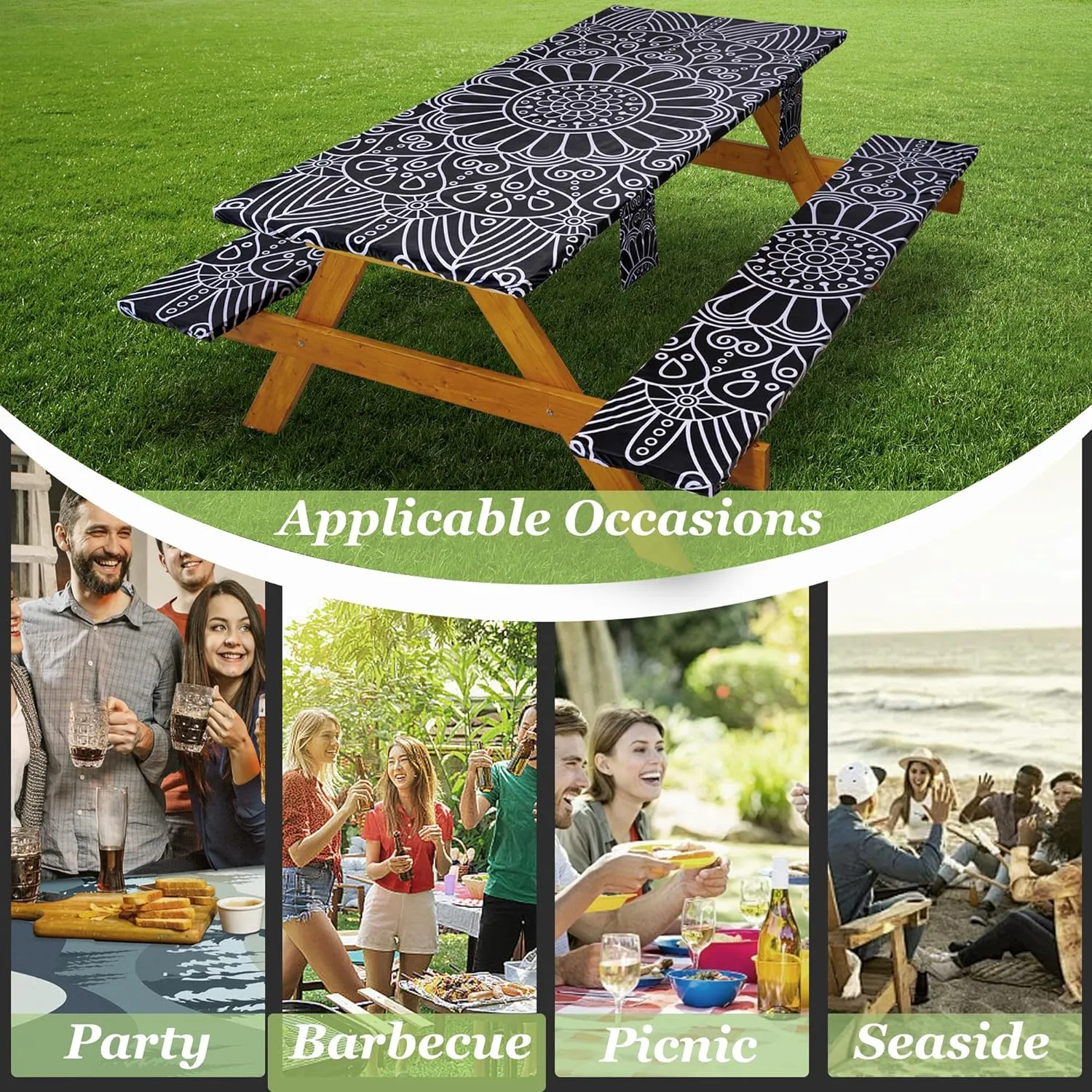 Picnic Table Cover with Bench Covers Vinyl Elastic Edges Fitted Rectangle Tables Seat Waterproof 3-Piece 96X30in Set Outdoor Rectangular Folding Backing Tablecloth Camping Over Size BlackMandala