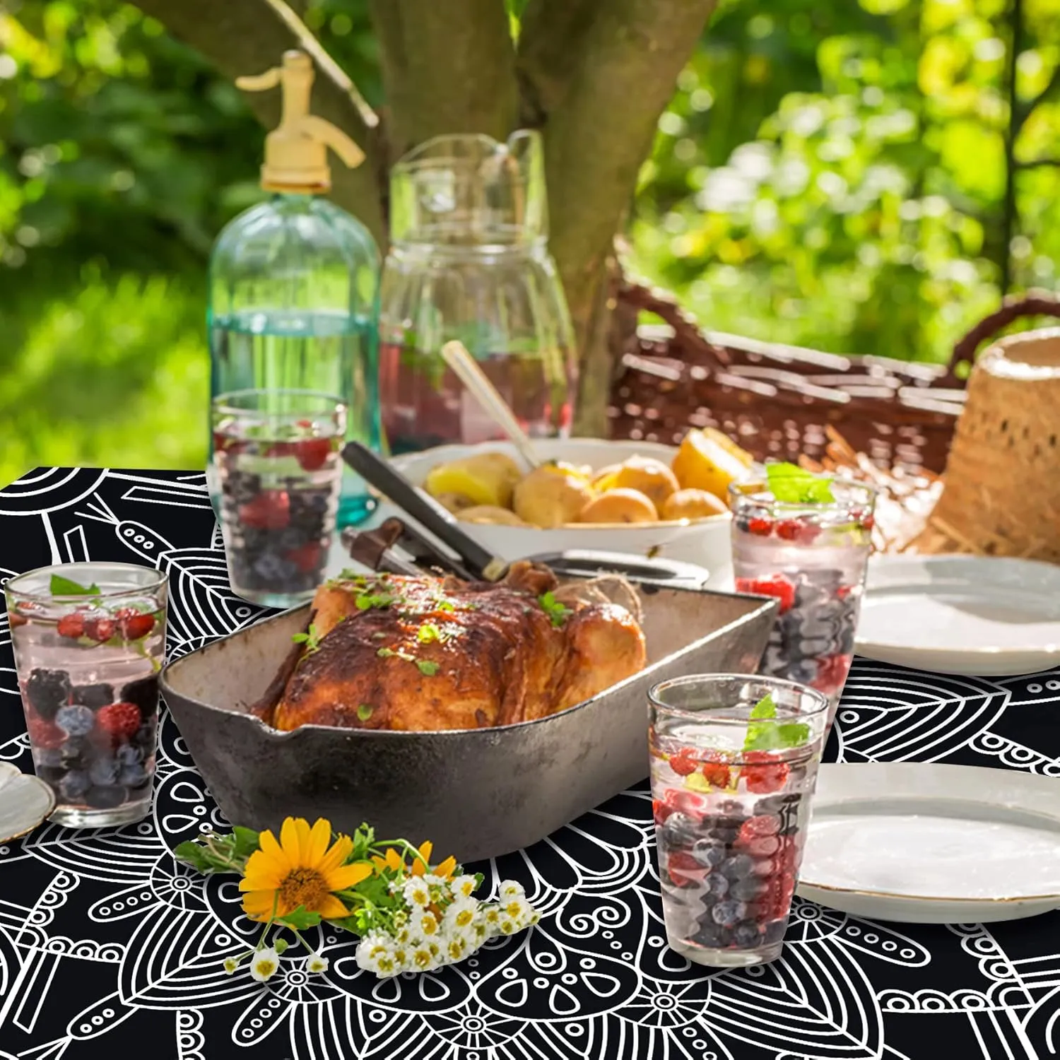 Picnic Table Cover with Bench Covers Vinyl Elastic Edges Fitted Rectangle Tables Seat Waterproof 3-Piece 96X30in Set Outdoor Rectangular Folding Backing Tablecloth Camping Over Size BlackMandala