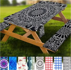 Picnic Table Cover with Bench Covers Vinyl Elastic Edges Fitted Rectangle Tables Seat Waterproof 3-Piece 96X30in Set Outdoor Rectangular Folding Backing Tablecloth Camping Over Size BlackMandala