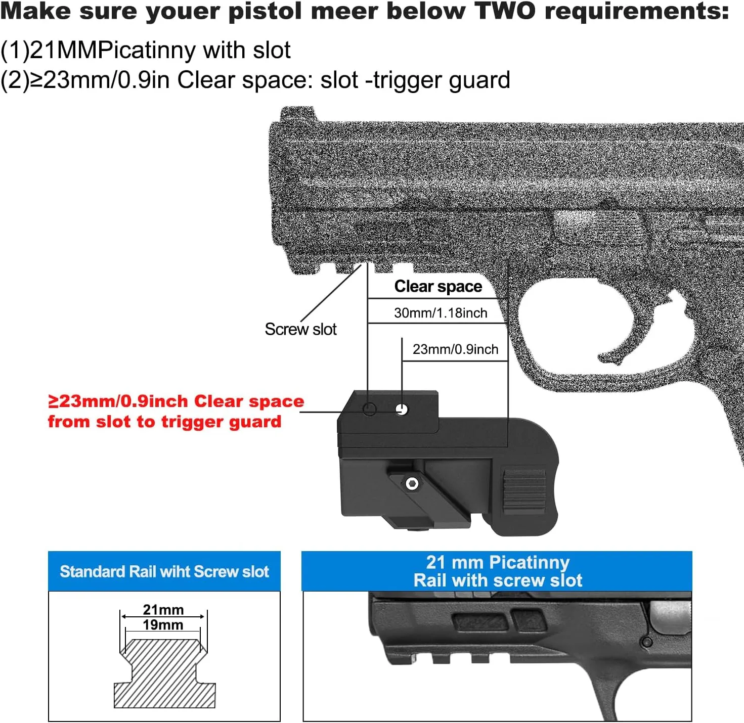 Pistol Laser Beam, Low Profile Laser Sight Compatible with Picatinny Weaver Rail Military Handgun Hunting Laser with USB Rechargeable Cable for Weapon Gun, Laser Class IIIA, 5mW