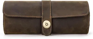 Portable Cowhide Leather Mechanical Watch Box for Travel, 3-Slot Cylindrical Watch Storage Case