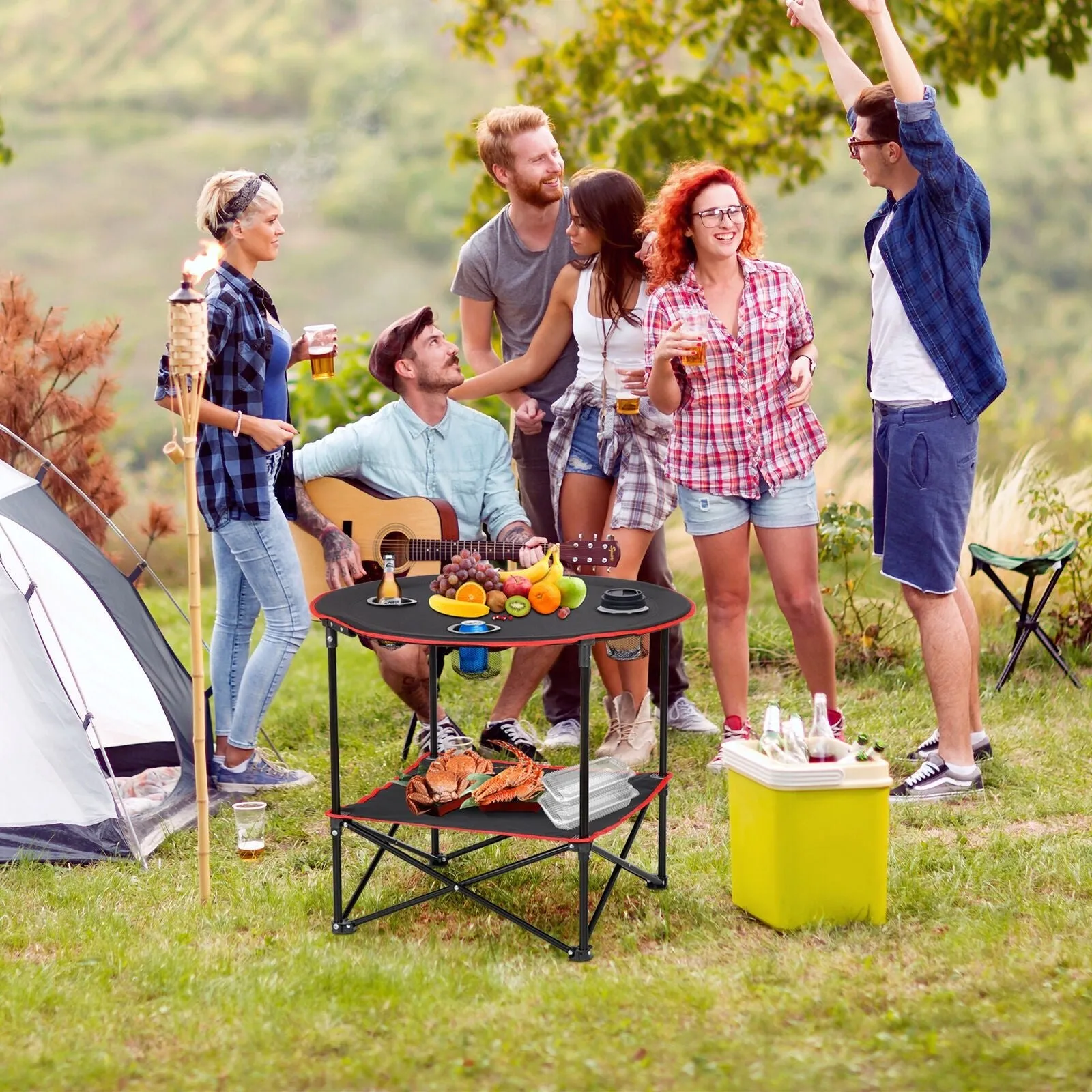 portable folding picnic table with cup holders and carry bag