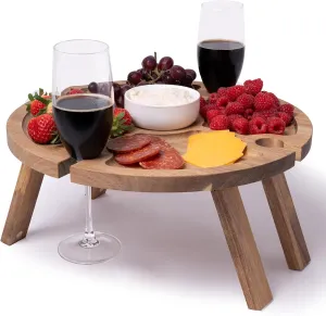 Portable Wine Picnic Table with 4 Wine Glasses Holder, Acacia Natural Wood Foldable Champagne Picnic Snack Table Tray, Perfect for Beach, Camping, Park, Concerts - Ideal Wine Gift for Men & Women