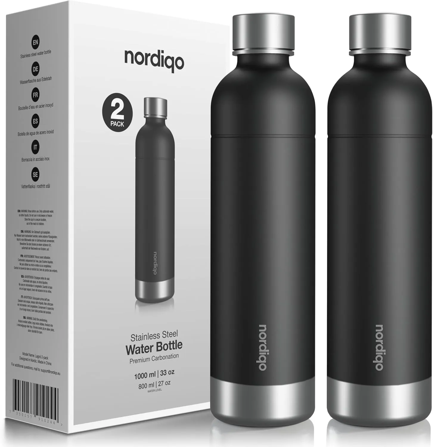Premium 33 oz Stainless Steel Bottle - Compatible with SodaStream and Aarke Soda Makers | No Expiration Date | Dishwasher Safe | Leak Proof | BPA-Free | 2-Pack