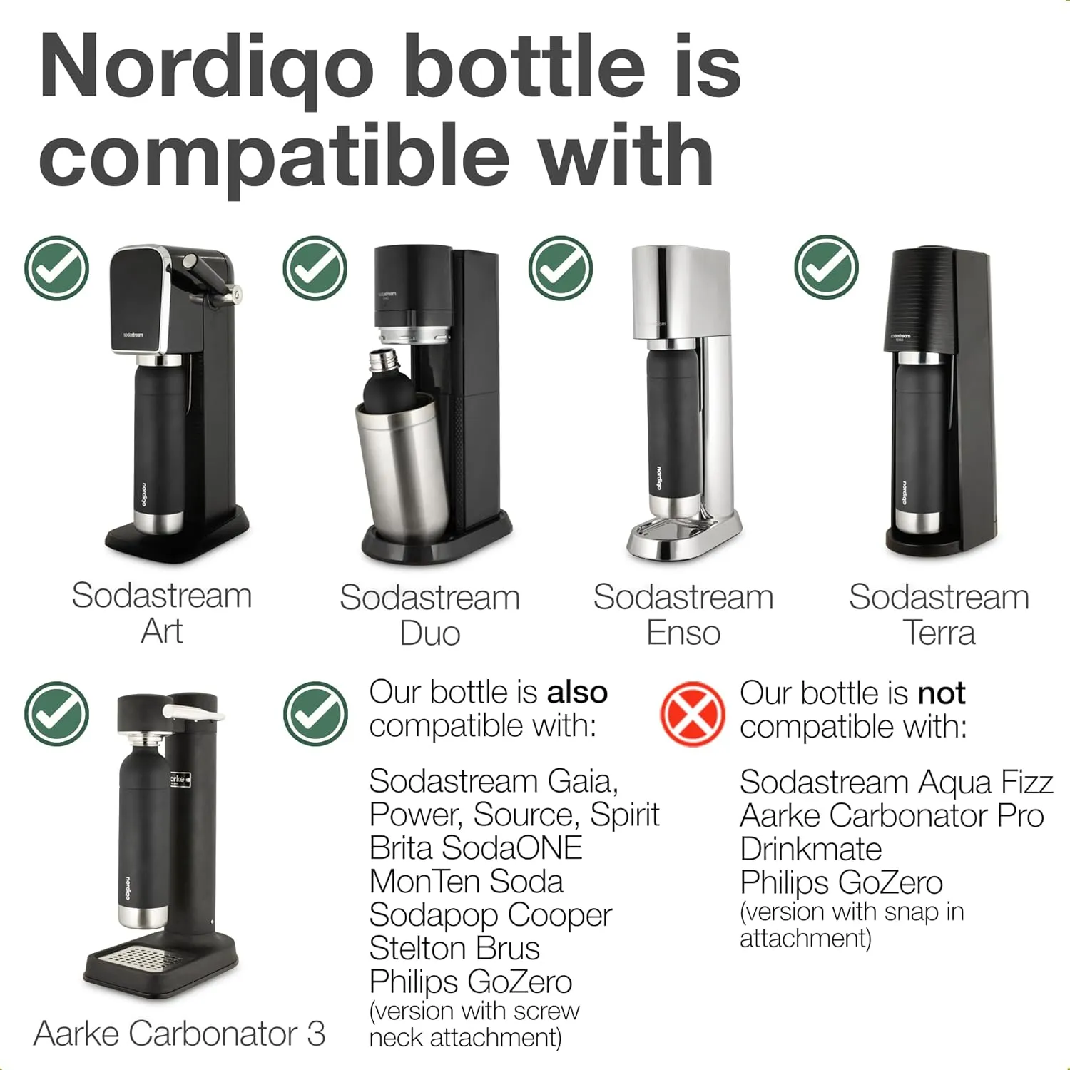 Premium 33 oz Stainless Steel Bottle - Compatible with SodaStream and Aarke Soda Makers | No Expiration Date | Dishwasher Safe | Leak Proof | BPA-Free | 2-Pack
