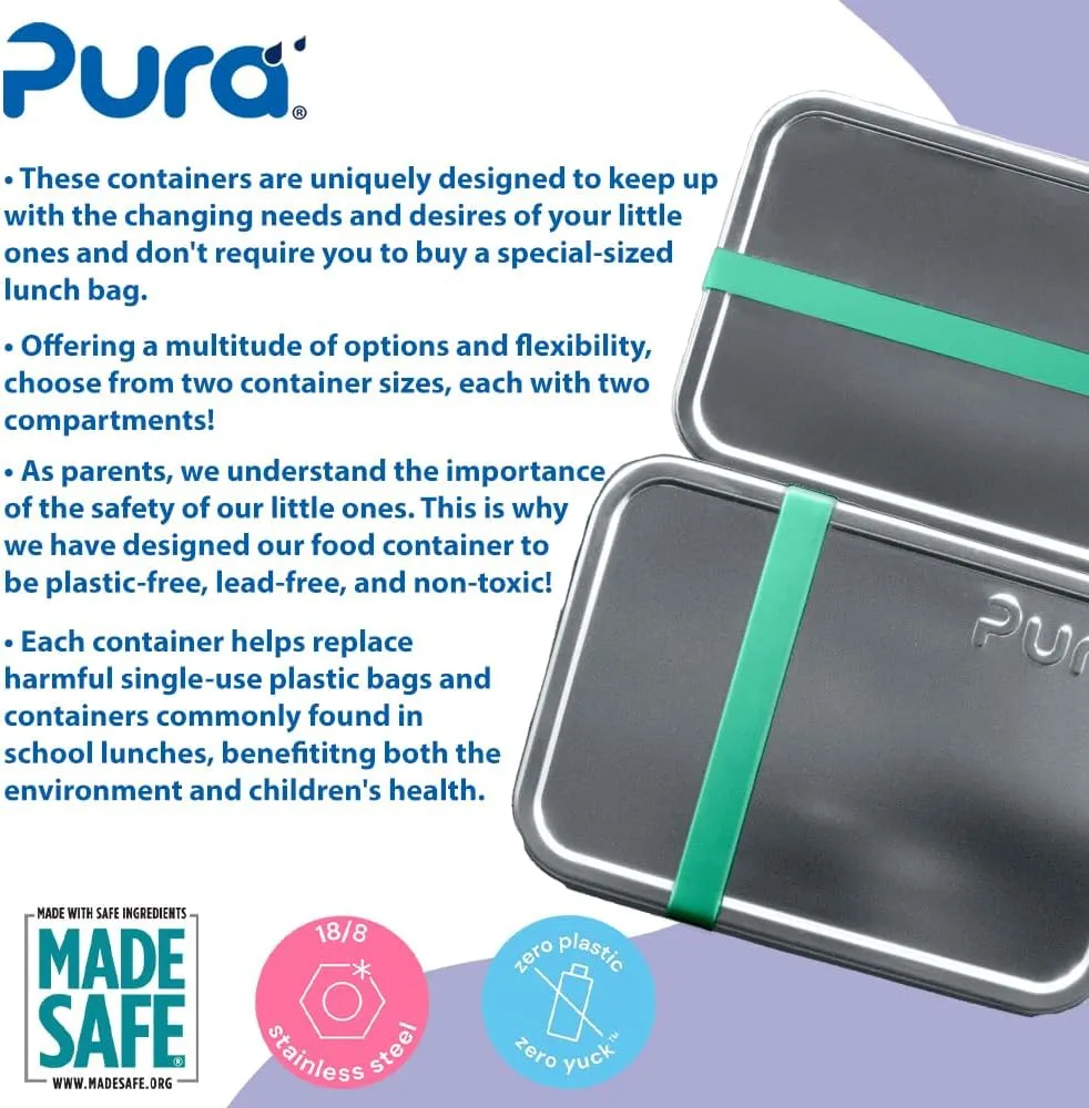 Pura Lunch Containers | Kitchen Food Storage Containers with Lids | Meal Prep Reusable Bento Box | Stainless Steel Lunch Box for All Ages - Large