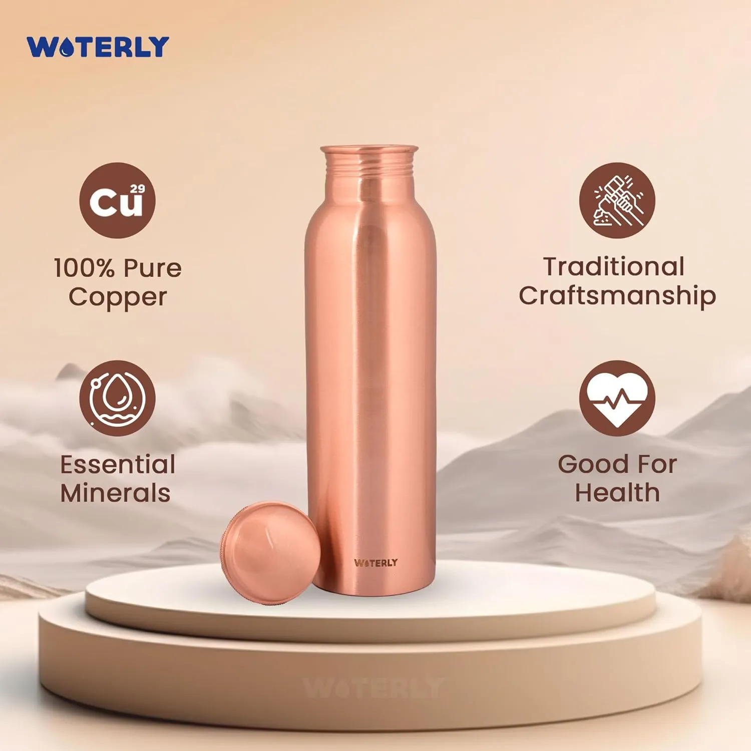 Pure Copper Water Bottle 34 oz Leak Proof Design | 100% Copper | copper healing water benefits for Drinking, Traveling, gifts, Gym& Office | (1000 ml)
