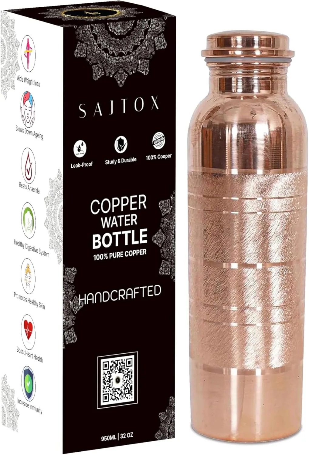 Pure Copper Water Bottle with Lid - 32 Oz – Ayurvedic Copper Water Bottle – Copper Water Vessel - Drink More Water Bottle Leak Proof - 950 ml (Silver Touch)