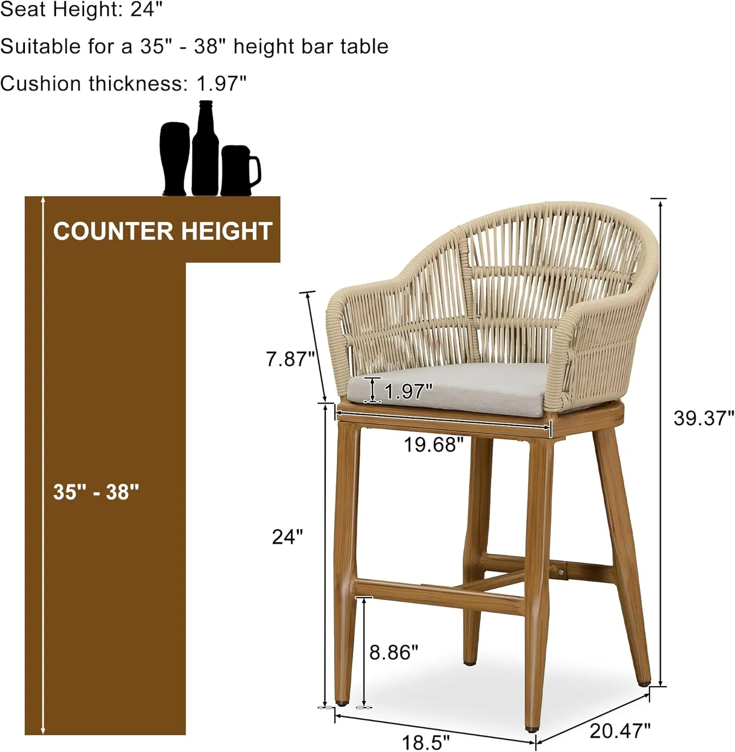 PURPLE LEAF Outdoor Counter Height Bar Stools Set of 2 Patio Metal Modern Wicker Rattan Bar Chairs Woven Aluminum Barstools with Back and Cushions for Balcony Garden Indoor Kitchen Outside Teak